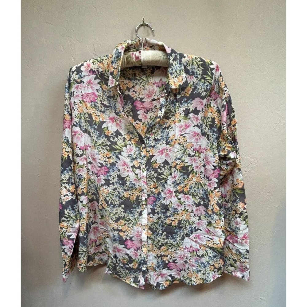 J. Jill Women's Button Down Floral Blouse Top Cotton Silk Multicolor Medium